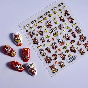 5D embossed New Year nail art stickers with cute rabbit motifs and gold lucky charms