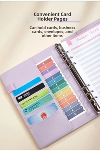 Detailed interior of purple PU leather A5 binder showing card slots and budget sheets