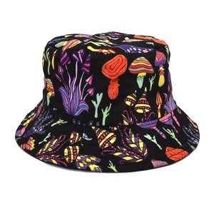 Detailed side view of black bucket hat with colorful psychedelic mushroom pattern