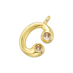 Detailed close-up of 18K gold letter C pendant with two sparkling clear cubic zirconia stones