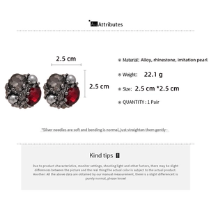 Detailed size chart for vintage cluster earrings with pearls and red rhinestones