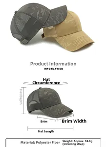 Dettaglio del cappellino mimetico traspirante con specifiche su dimensioni e materiali