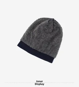 Close-up of thick fleece lining and ribbed edge on a warm winter knitted beanie