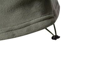 Close-up of army green polar fleece fabric with black adjustable drawstring toggle detail