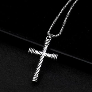 High-polished silver stainless steel cross pendant necklace with spiral texture for men and women