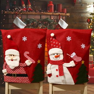 Christmas chair covers featuring Santa and Snowman in red faux linen festive home decor