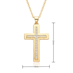 Detailed view of gold cross pendant with dimensions 33mm by 19mm and micro-inlay crystals
