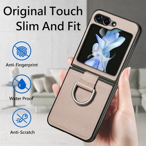 Pink PU leather folding case for Samsung ZFlip with ring holder and black frame