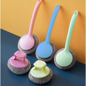 Kitchen Cleaning Brush With Plastic Handle Stainless Steel Wire Ball Scrubber For Pots Pans Multifunctional Household Scourer
