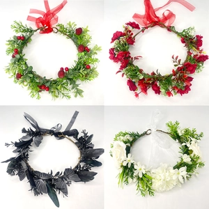 Artificial floral headbands set featuring sunflower, red berries and black feather designs