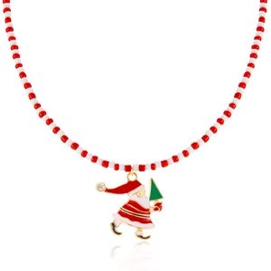 Handmade beaded Christmas necklace featuring a Santa Claus and Christmas tree charm
