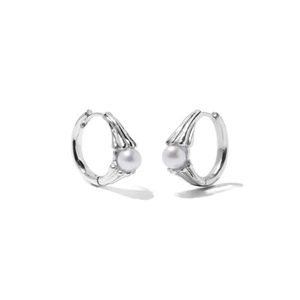 Minimalist 925 sterling silver hoop earrings with white pearl accents on white background