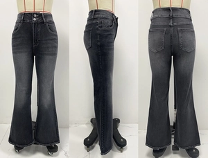 Three-way view showing the front, side and back of dark wash flared stretch denim jeans