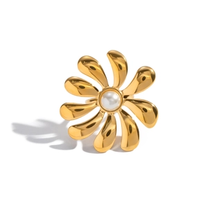 Elegant gold daisy open ring featuring a white pearl center with polished finish