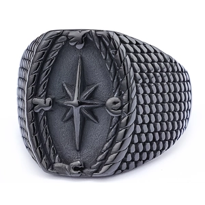 Vintage stainless steel compass ring for men with black octagonal star and textured band