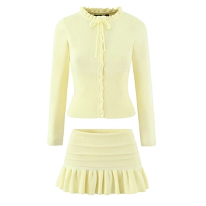 Cardigan In Maglia Da Donna E Minigonna A Costine A Maniche Lunghe Colletto Con Volant Fiocco Bottone Perla Artificial Completi Eleganti