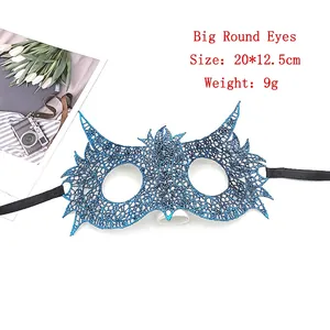 Detailed blue lace masquerade mask with big round eyes and golden foil for Halloween party