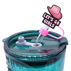 Pink Let's Go Girls cowboy hat straw topper for 10mm tumbler straws, stylish dust plug accessory