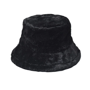 Chic black plush bucket hat for women with thick warm faux fur and minimalist retro style