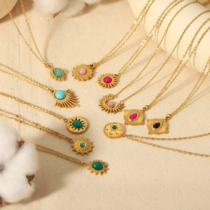 French vintage stainless steel 18k gold necklaces with colorful natural stone pendants