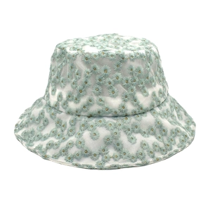 White lace bucket hat with blue daisy embroidery and breathable mesh for women