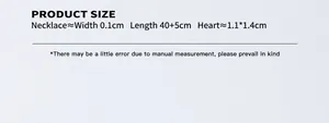 Detailed size chart for heart pendant necklace with chain dimensions and adjustable length