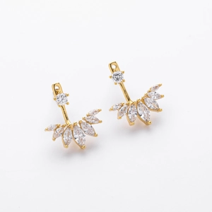 Elegant gold S925 silver stud earrings with fan-shaped marquise zircon crystals