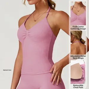 Women seamless yoga tank top with gathered chest detail and adjustable halter neck strap