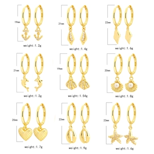 S925 sterling silver gold ocean shell and starfish hoop earrings set with dimensions