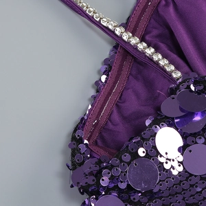 Makroaufnahme von lila Pailletten und silbernem Strassbesatz an sexy Partykleid