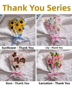 Detail of 3D bouquet cards with ribbons and flowers for Valentine's and Christmas