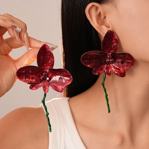 Retro Red Flower Petal Drop Earrings With Enamel Rhinestone And 925 Sterling Silver Earring Post Elegant For Women