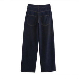Deep blue high-waisted wide-leg denim pants featuring rear patch pockets and contrast stitching
