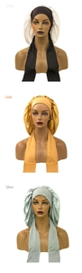 Detailed view of satin hair bonnets in white, gold and silver with long ribbons