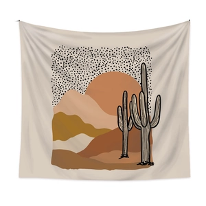 Bohemian landscape tapestry with desert mountains and sun on high quality woven fabric