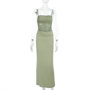 Close-up detail of the olive green lace bodice and slim fit waist of this elegant maxi dress