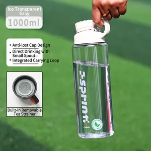 Detail of 1000ml sports water bottle with tea infuser and handle on green grass
