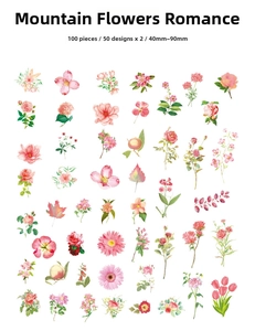 Flat lay of 100pcs vintage floral stickers with 50 unique watercolor botanical designs