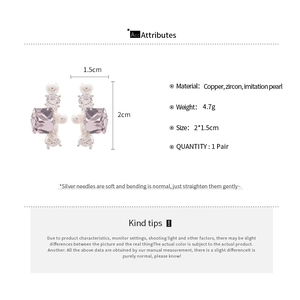 Detailed size chart for purple zircon square pearl earrings with silver needles