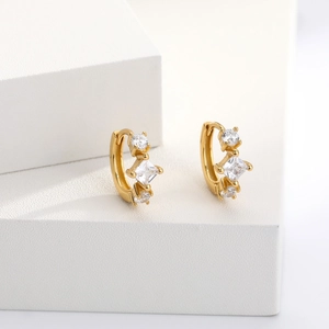 Minimalist S925 sterling silver huggie earrings with square and round clear zircons