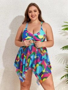 Plus Size Damen Tankini Badeanzug Oberteil Und Hose Abstrakt Geometrischer Druck Kordelzug Spaghettiträger Netzsaum