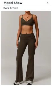 Women's dark coffee yoga set featuring V-neck sports bra and high-waisted flared pants