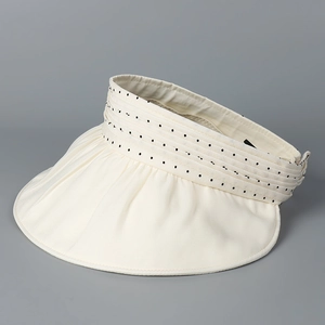 Detail of beige organza sun hat featuring black polka dots and pleated brim texture