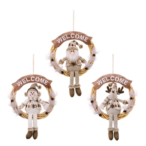 Three-piece Christmas welcome wreaths set with plush Santa, Snowman, and Reindeer characters