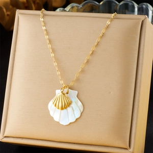 Detailed close-up of double shell pendant necklace with white nacre and gold plating