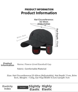 Detailed size chart of men winter wool cap with ear flaps and warm fleece lining