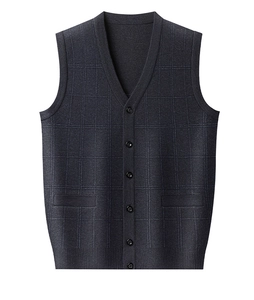Detail view of V-neck knitted vest with fine check pattern and button-down closure
