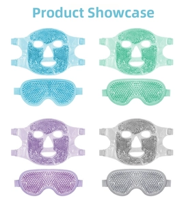 Matrix display of PVC gel bead eye masks in blue, green, purple, and gray colors