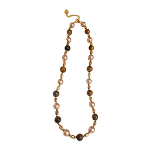 Vintage tiger eye stone and pink bead necklace with golden geometric spacers and clasp