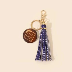 Leopard print MAMA keychain with blue star fringe tassel and golden metal clasp decoration